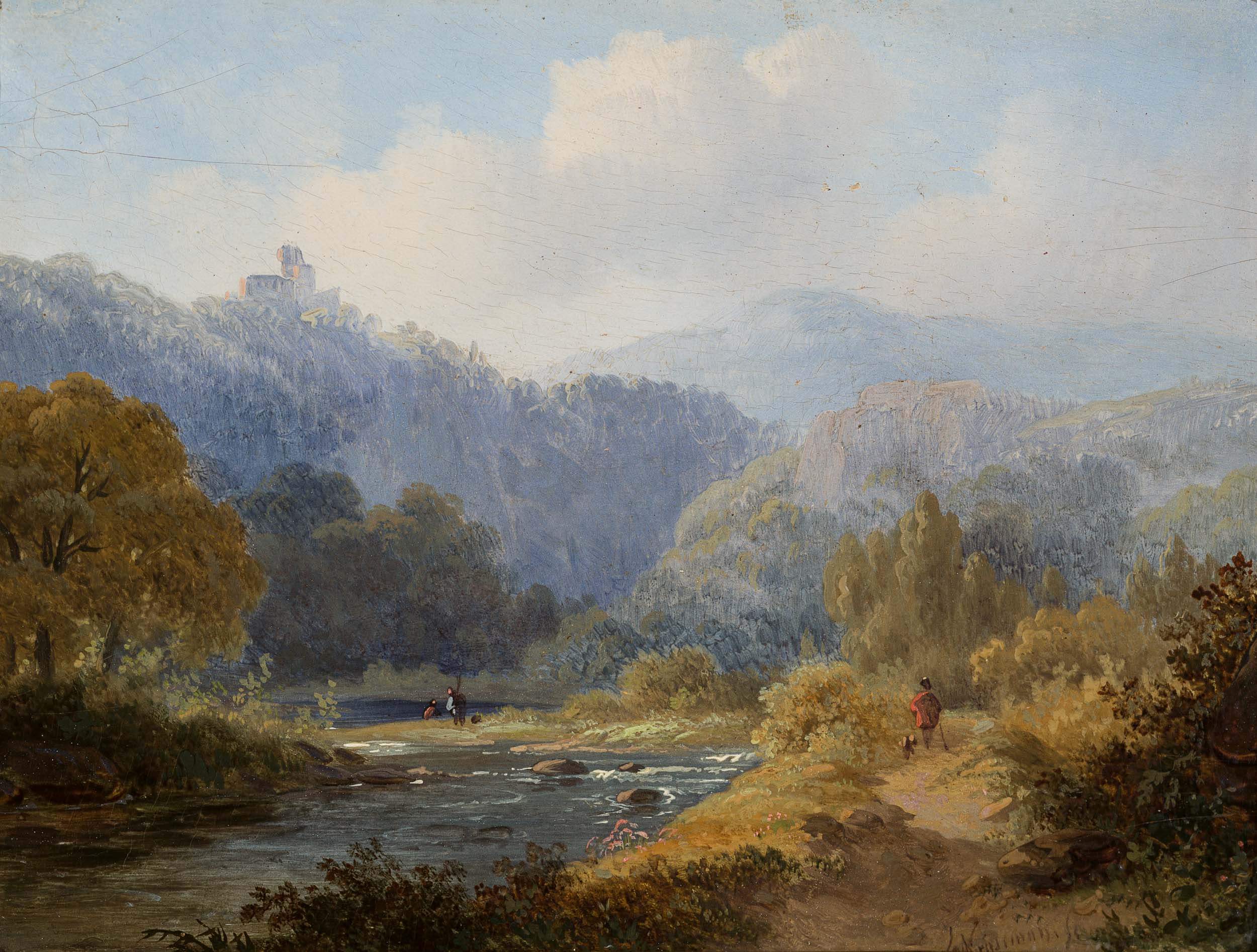A Traveller and Anglers in a Mountainous Sunlit River Landscape