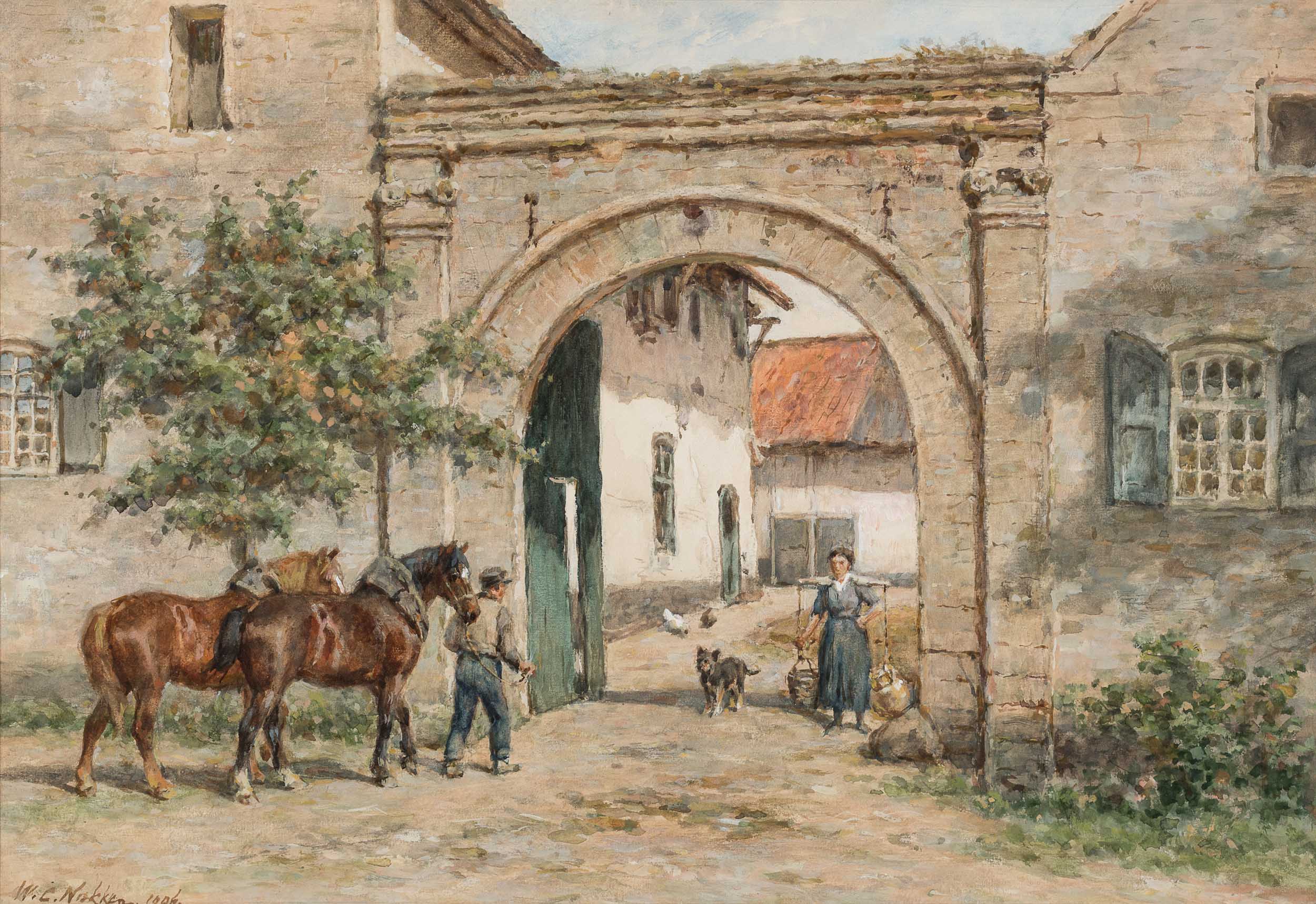 Farmer With His Horses Entering a Courtyard
