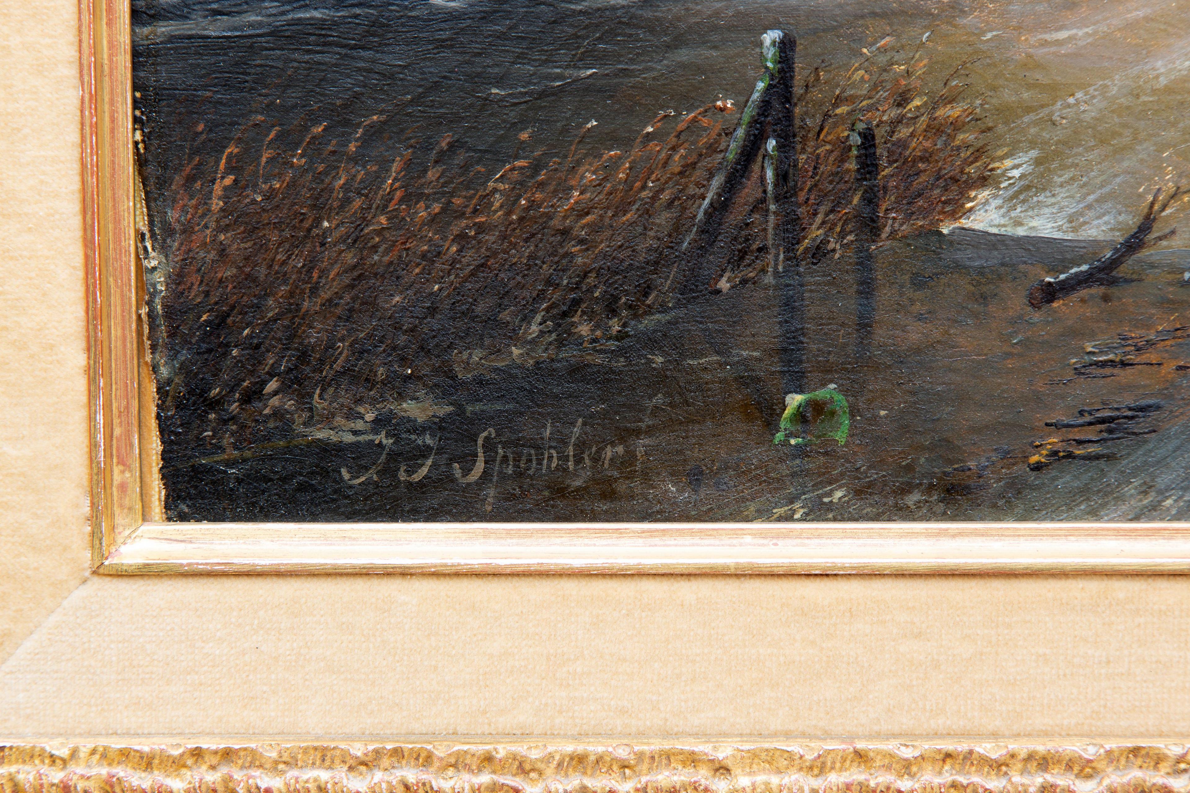 A winter landscape with a skater and wood gatherers on the ice, a castle beyond