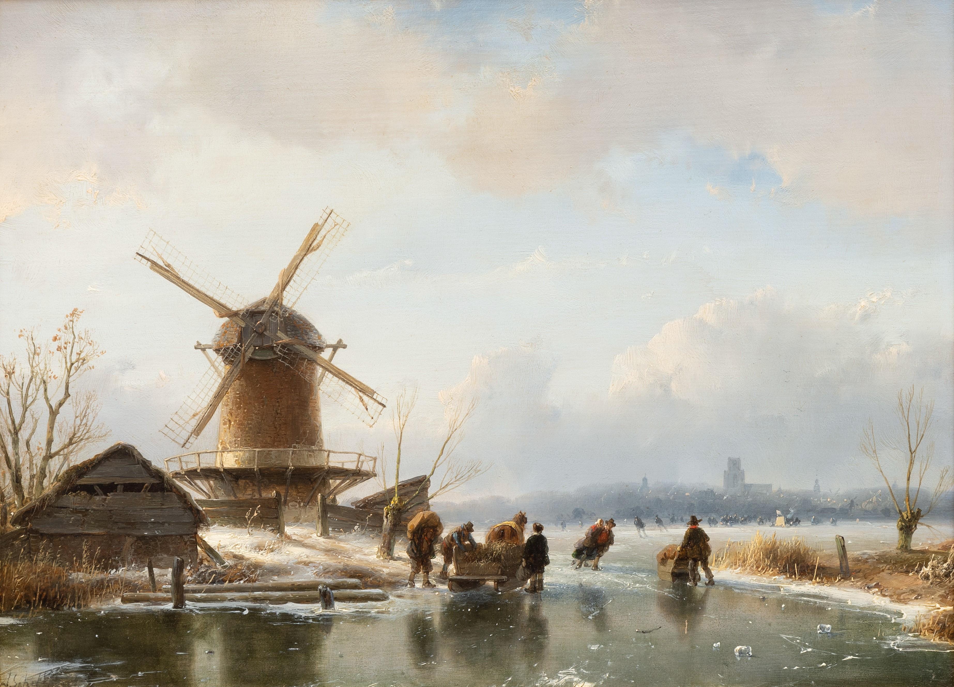 Figures on the ice near a windmill, a town in the distance Figures on the ice near a windmill, a town in the distance