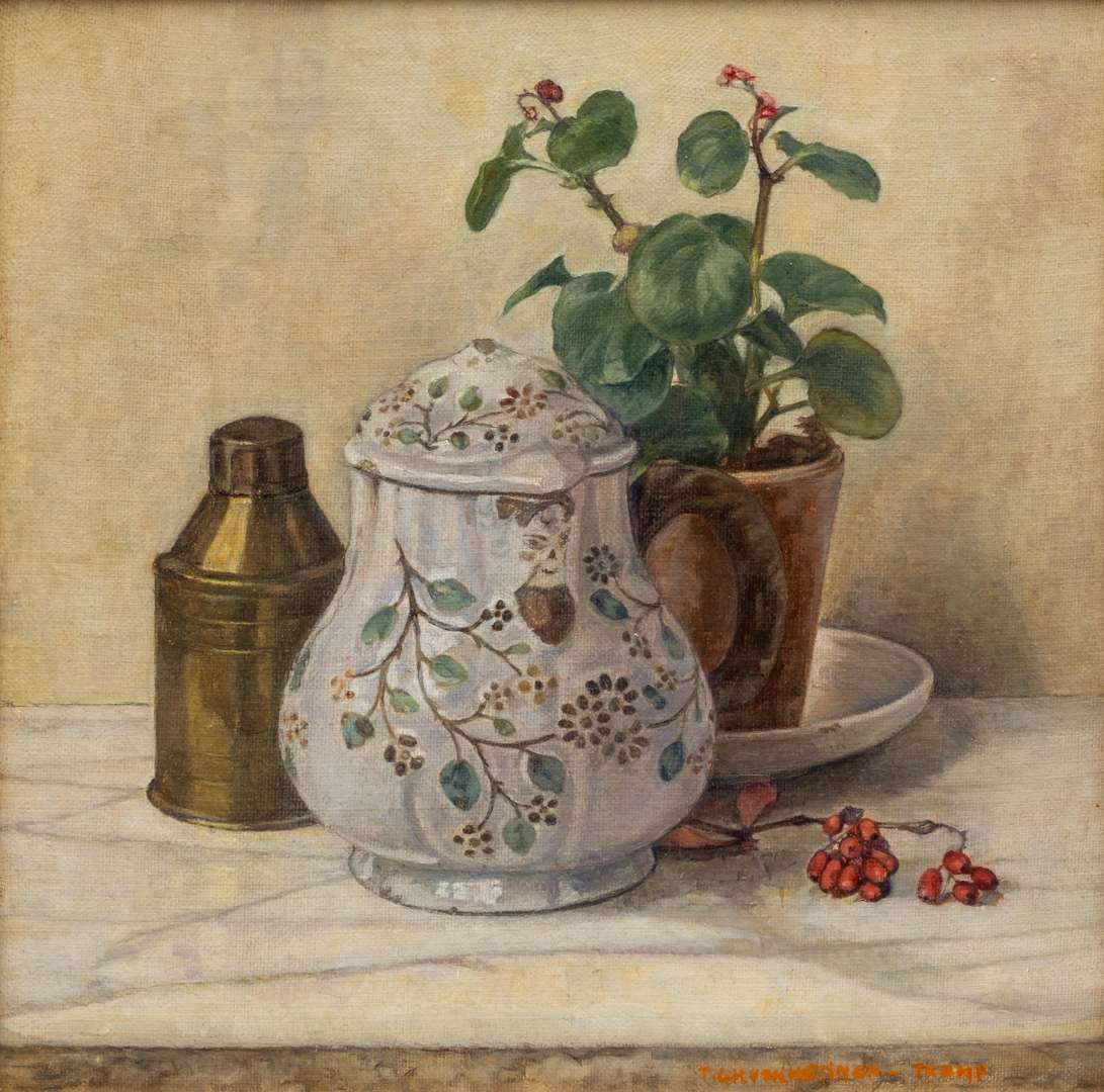 Stilleven met vosbessenplant en een koffiepot