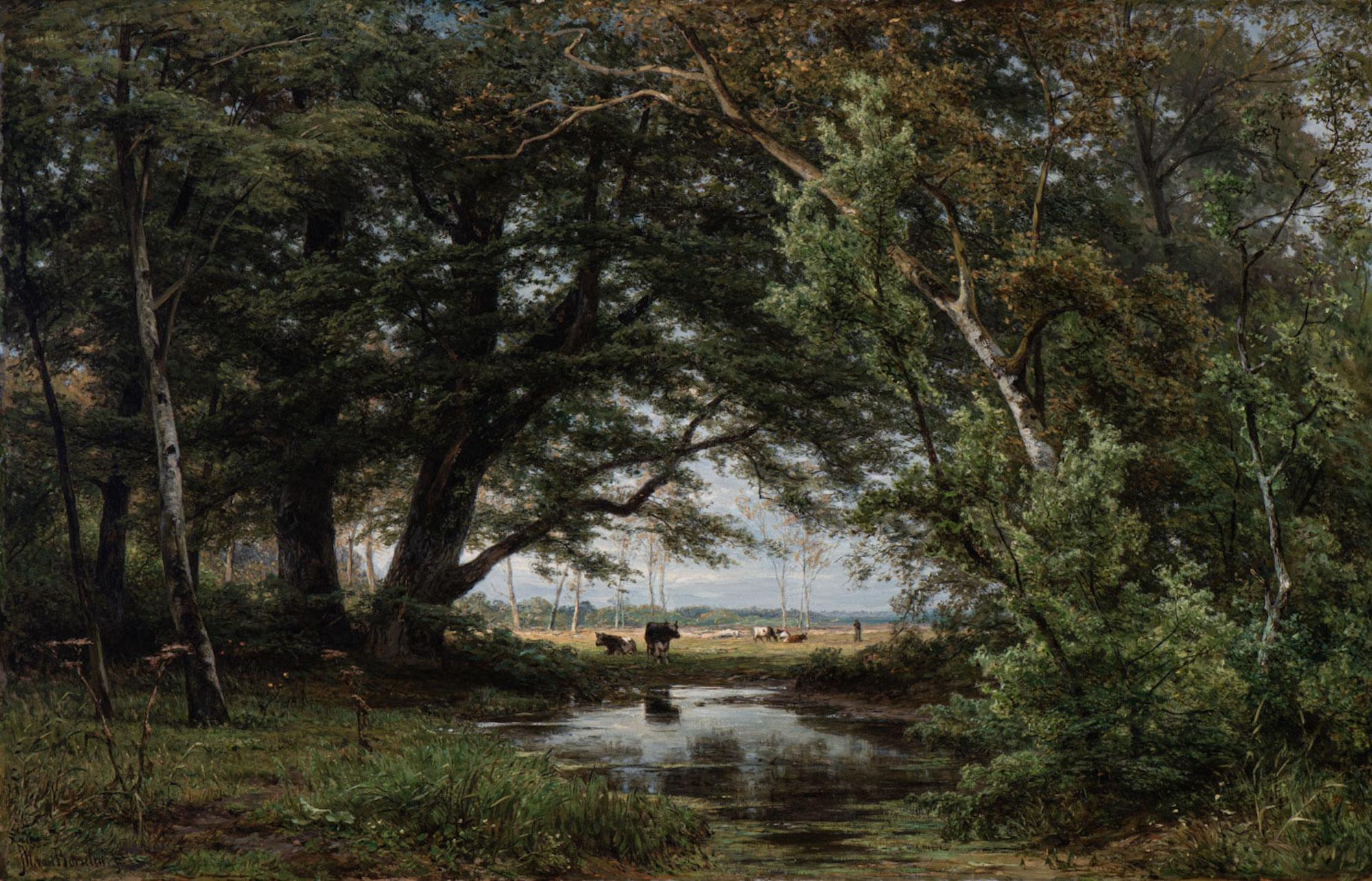 Forest scene with a stream and cattle in the distance