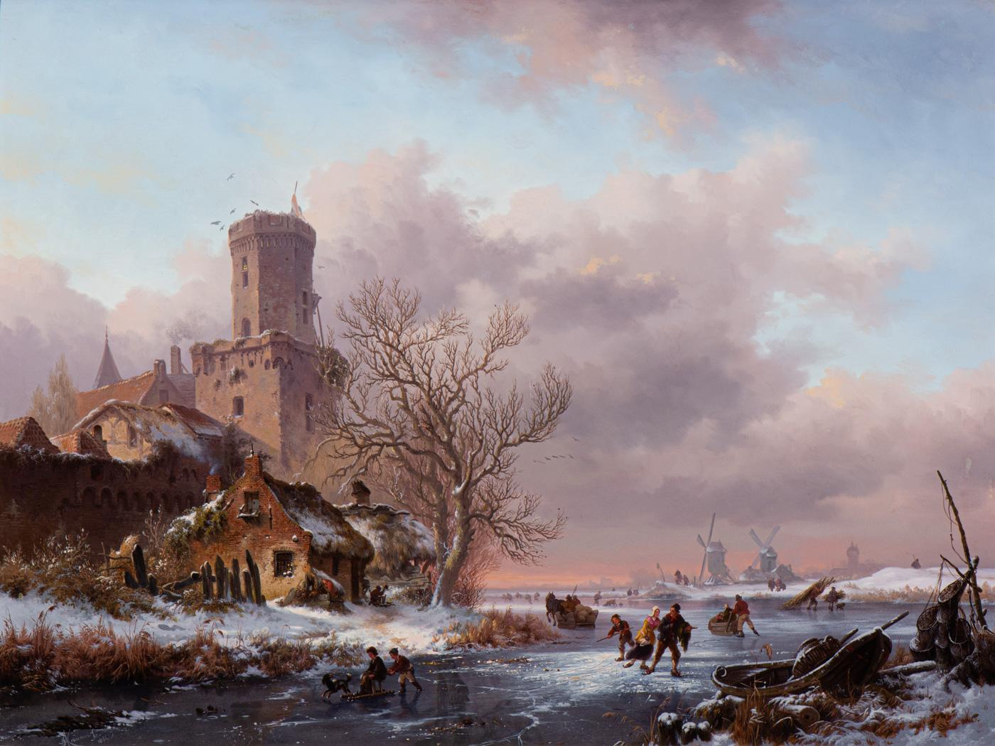 Winter landscape with skaters near a town (1854)