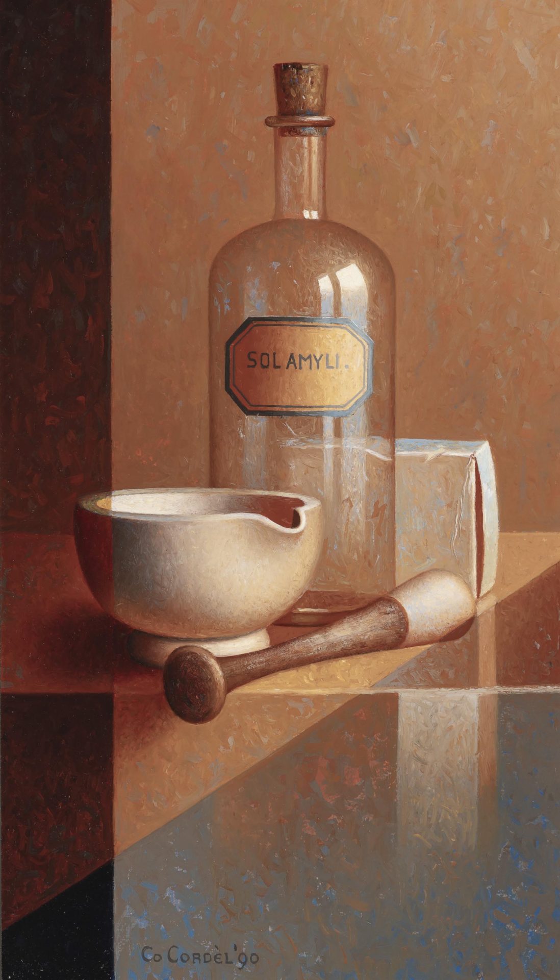 Still life with pharmacy bottle and mortar (1990) Still life with glass bottles