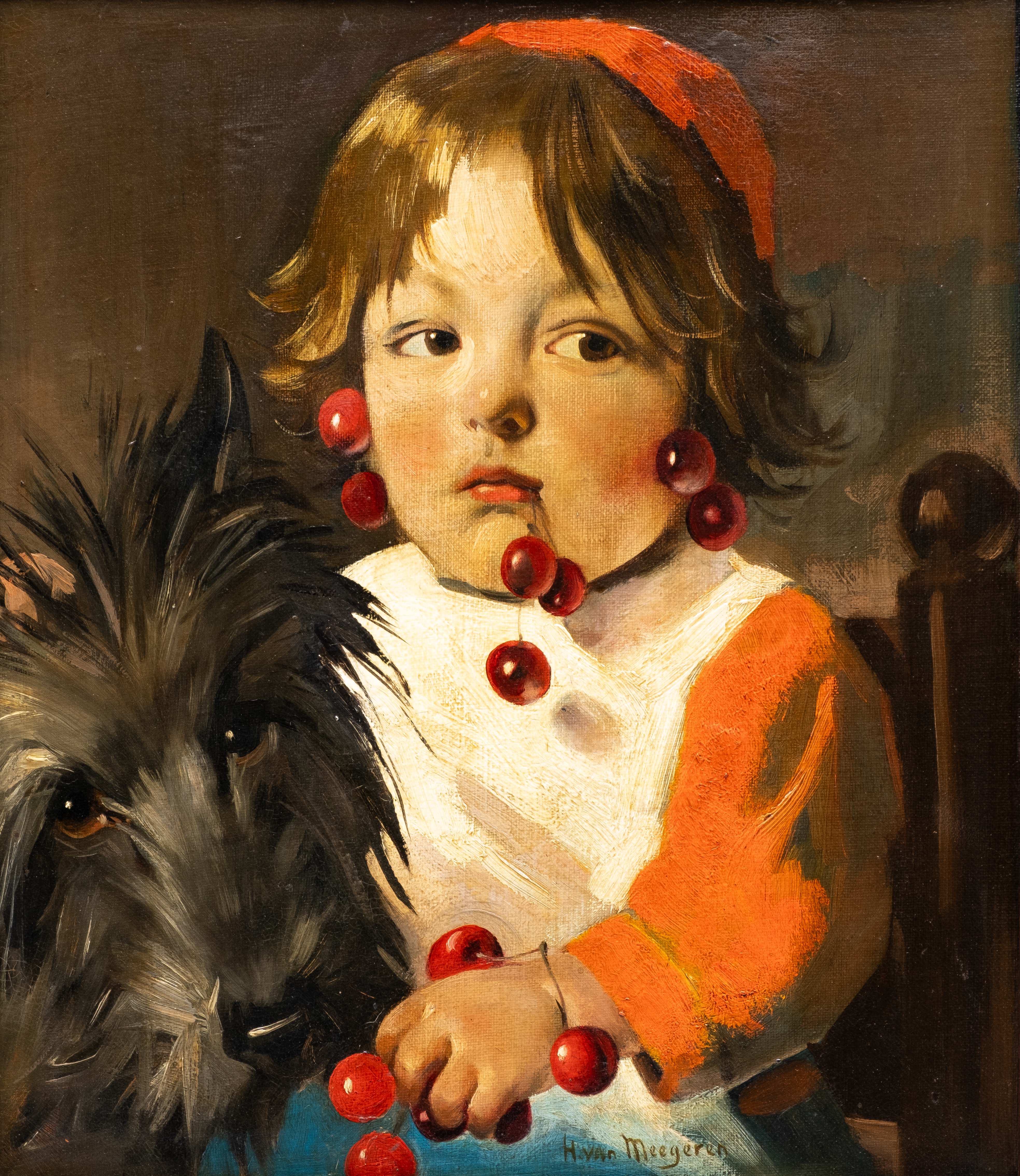 Portret van een meisje met kersen en hond