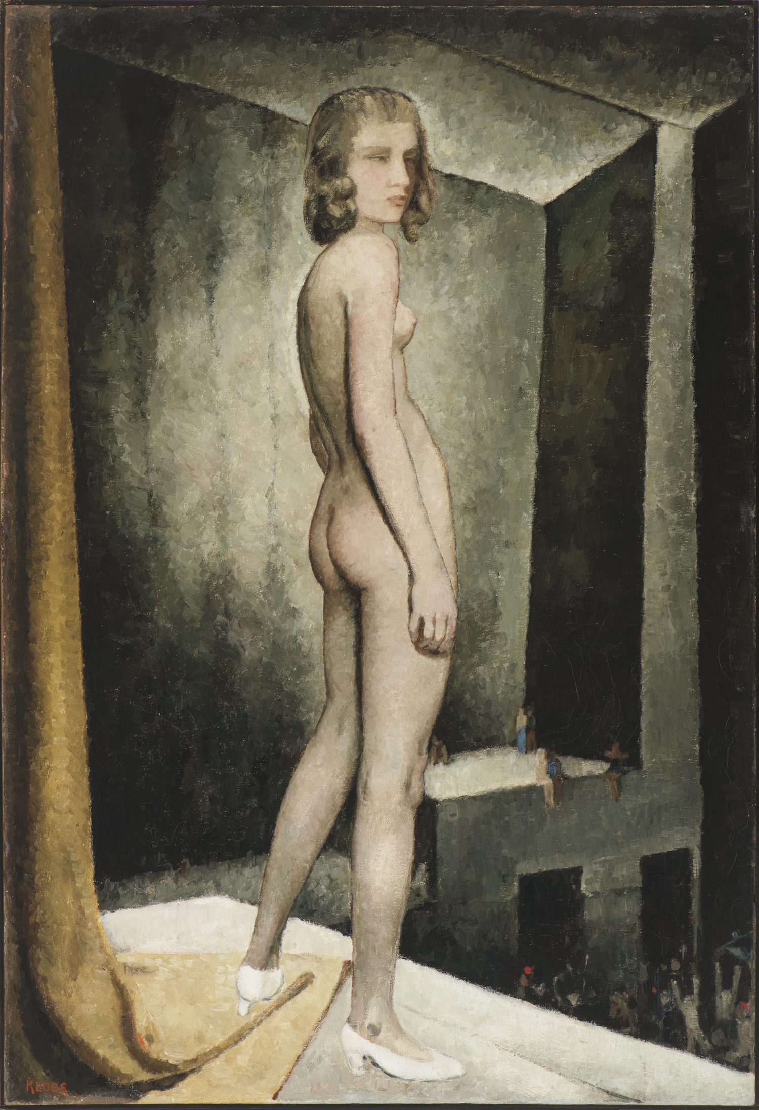 Standing nude on a stage