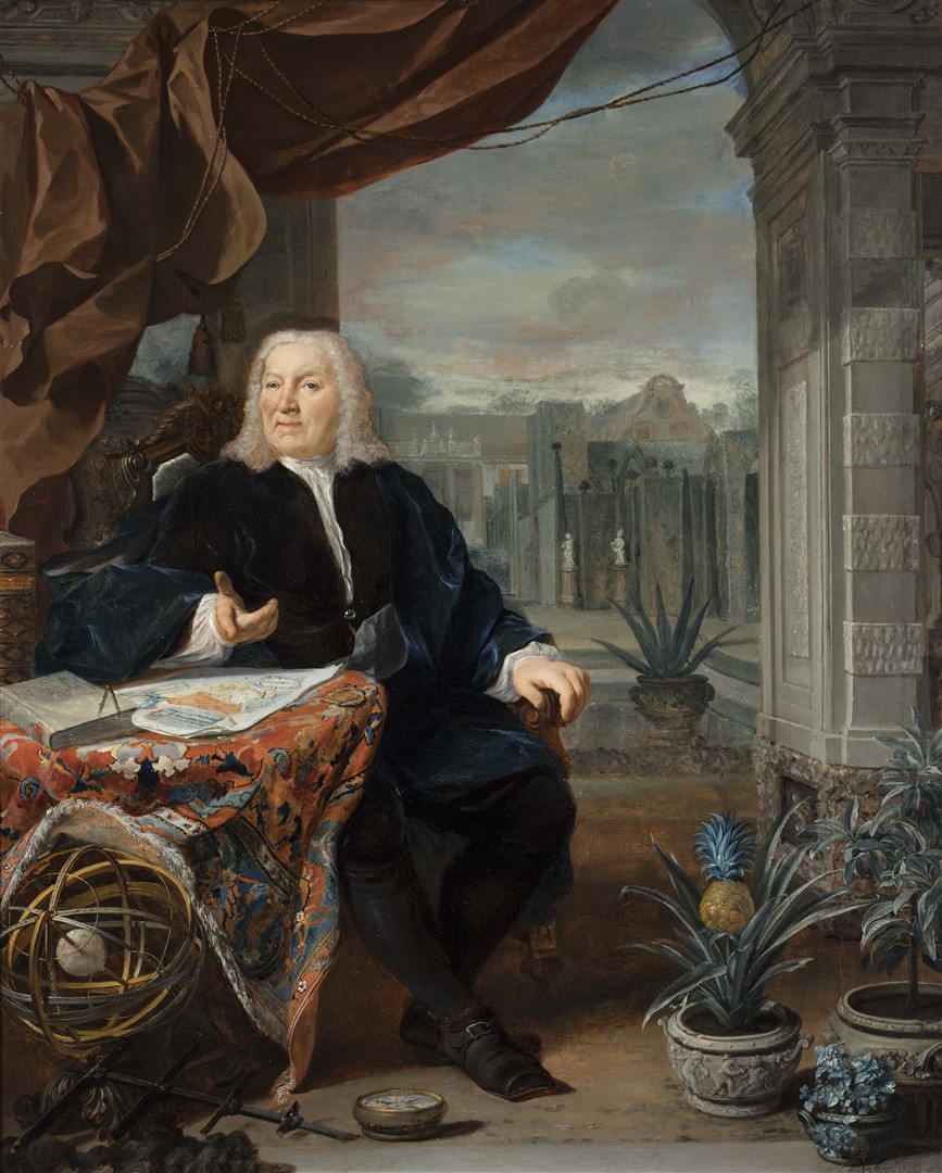 Portret van David van Mollem (1670 – 1746), in de tuin van zijn woonhuis en fabriek Zijdebalen aan de Vecht in Utrecht