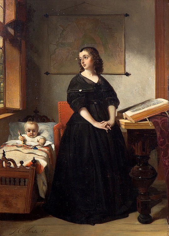 La veuve ou Foi, Amour et Esperance' / The young widow and her child with a harlequin toy signed lower left and dated (1861)