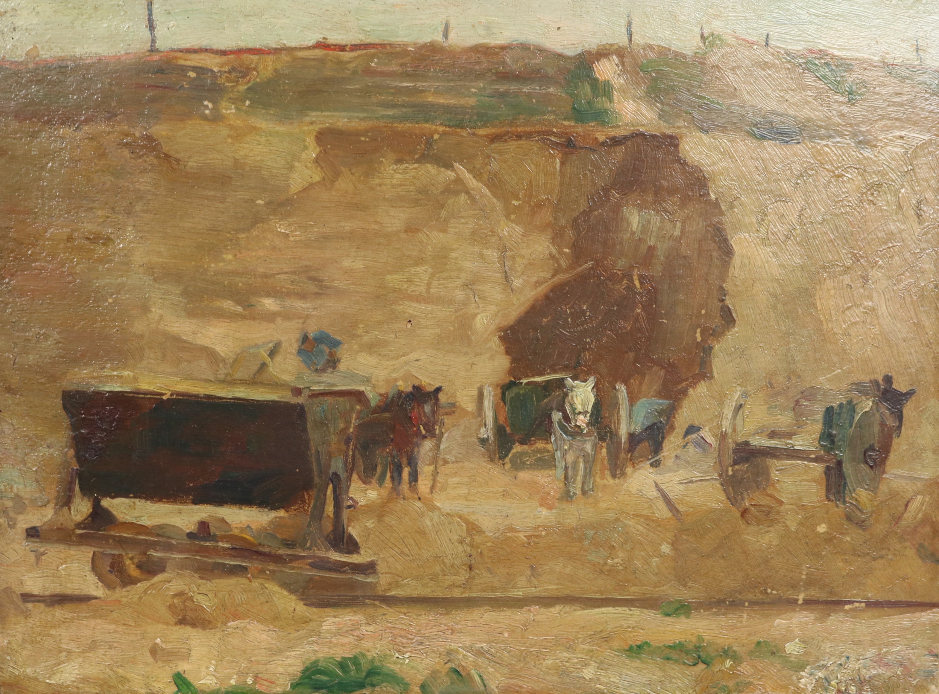 Arbeiders en werkpaarden bij een zandafgraving