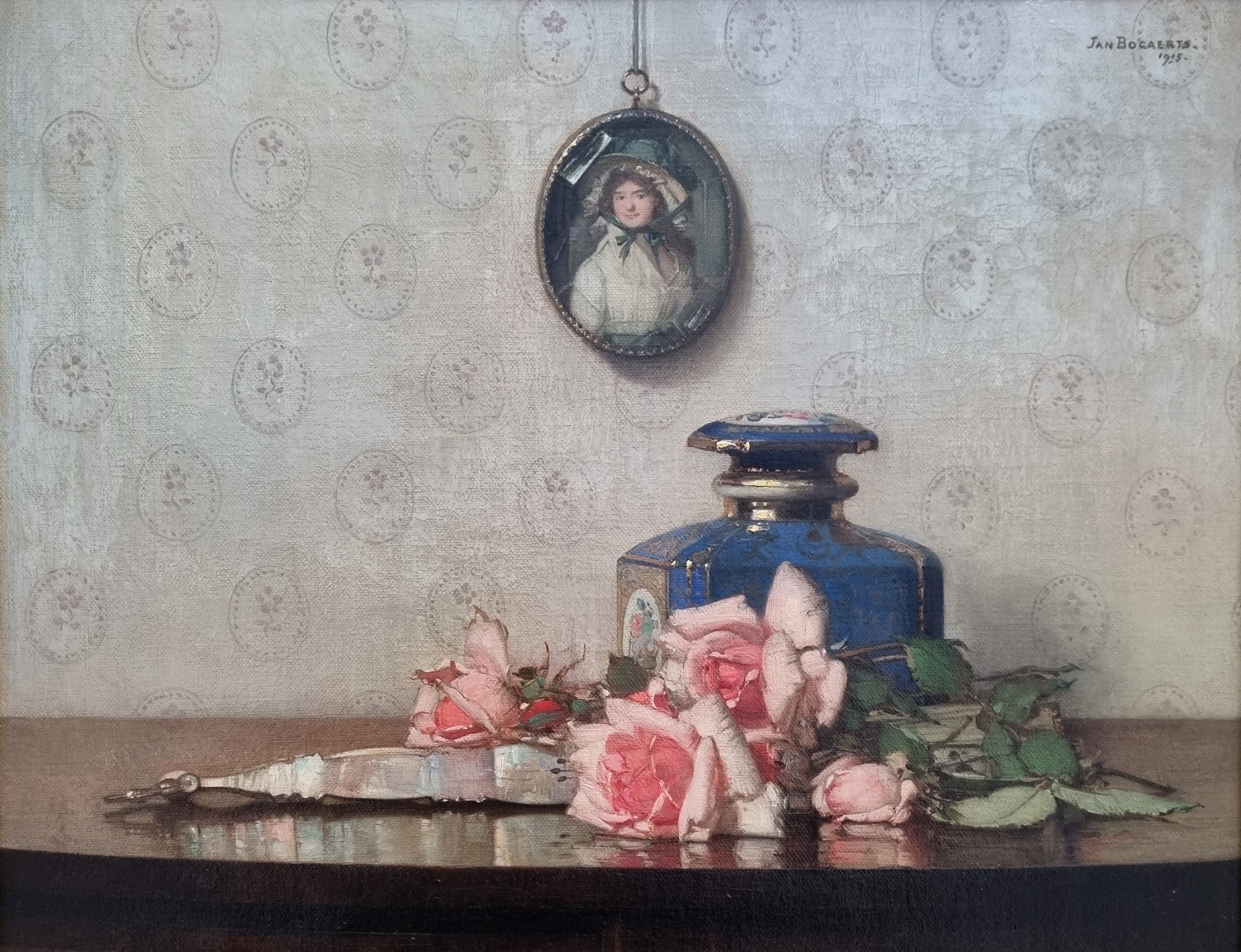 Stilleven / An elegant still life of a blue bottle, roses, with a miniature hanging on the wall