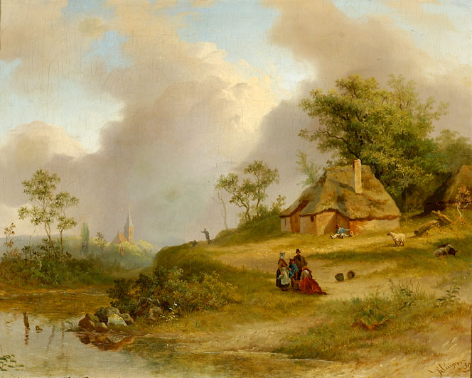 Wijds Zomerlandschap Met Figuren Voor Een Boerderij Bij Een Rivier, Op De Achtergrond Een Dorp