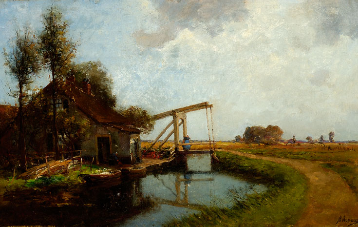 Vrouw Op Een Ophaalbrug Bij Een Boerderij In Een Polderlandschap