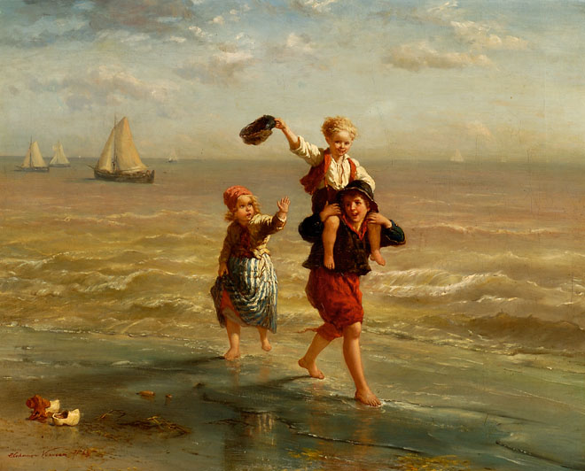Drie Spelende Kinderen Op Het Strand Drie Spelende Kinderen Op Het Strand