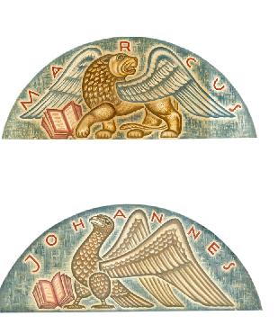 Drie Afgeronde Schilderingen Op Board, Voorstellende De Symbolen Van De Evangelisten, Marcus, Lucas En Johannes (os, Leeuw En Adelaar) Drie Afgeronde Schilderingen Op Board, Voorstellende De Symbolen Van De Evangelisten, Marcus, Lucas En Johannes (os, Leeuw En Adelaar)