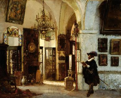 Man In Zeventiende Eeuws Kostuum Met Een Boek In Een Interieur
