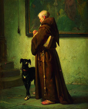 Een Kloosterinterieur Met Een Monnik En Een Hond Voor Zijn Voeten