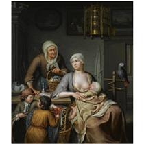 A Mother Nursing A Child In An Interior, Together With Two Young Boys Taking Cherries And An Elderly Woman Bringing A Basket With Eggs