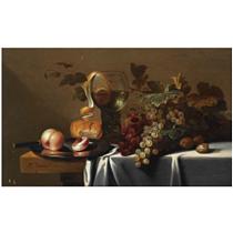 STILL LIFE WITH BLUE AND WHITE GRAPES, CHESTNUTS, A LOAF OF BREAD, PEACHES AND A KNIFE ON A PEWTER PLATE, WITH A PEELED LEMON IN A ROEMER, ALL ARRANGED ON A PARTLY DRAPED TABLE