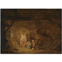 A BARN INTERIOR WITH THREE CHILDREN PLAYING WITH A PIG'S BLADDER, NEXT TO A SLAUGHTERED PIG