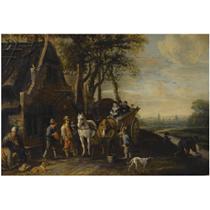 TRAVELLERS IN A HORSE-DRAWN WAGON AND OTHER FIGURES OUTSIDE AN INN, A VIEW OF DELFT WITH THE OUDE AND NIEUWE KERK BEYOND