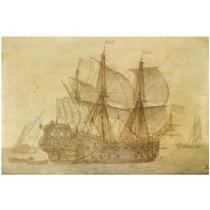 THE DUTCH VOC SHIP DE CONCORDIA IN A CALM SEA, A FLAGSHIP AND A SMALSHIP IN THE DISTANCE THE DUTCH VOC SHIP DE CONCORDIA IN A CALM SEA, A FLAGSHIP AND A SMALSHIP IN THE DISTANCE