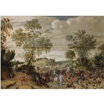 A SKIRMISH IN A WOODED LANDSCAPE