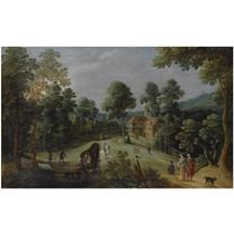 A WOODED HILLY LANDSCAPE WITH ELEGANT TRAVELLERS AND A HORSE-DRAWN WAGON ON A PATH, NEAR A VILLAGE