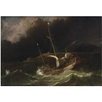 A FLUTE IN A TEMPESTUOUS SEA, NEAR A STRIP OF LAND