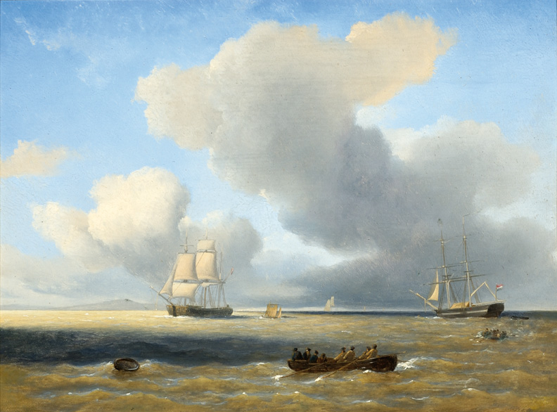 Zeegezicht met sloepen en schepen