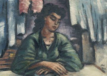 In thoughts: woman sitting at a table 