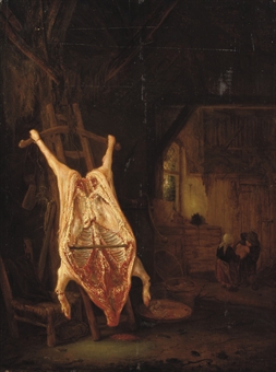 A barn interior with a slaughtered pig, children playing beyond 