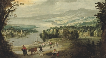 An extensive mountainous river landscape with peasants on a track near a village