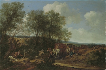 Brigands attacking a caravan in a dune landscape 