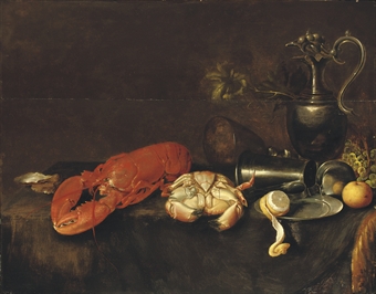 A lobster, a crab, an oyster, a pewter pitcher, a partially peeled lemon, an apple and grapes on a draped table
