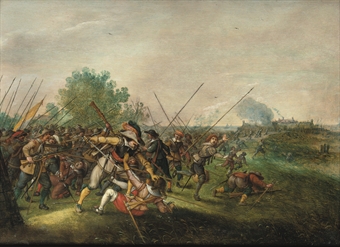Foot soldiers in a battle, a burning village beyond Foot soldiers in a battle, a burning village beyond