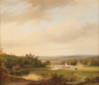 An extensive river landscape with cattle on a hill-top 