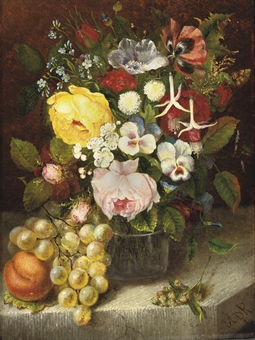 Roses, violets and forget-me-nots in a vase