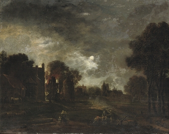 A moonlit river landscape with a town on fire
