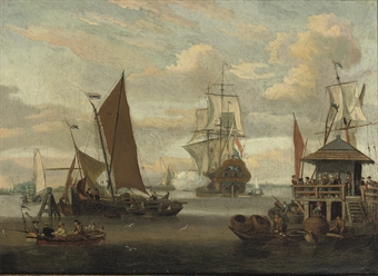 A view of the IJ, Amsterdam, with spectators on the jetty of a 'Boomhuisje' watching a man-o'-war firing a salute and fishermen landing lobster pots