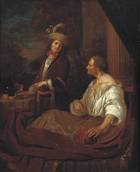 A gentleman visiting an old lady on a terrace indistincly signed 'M.Na.veu' (centre left)