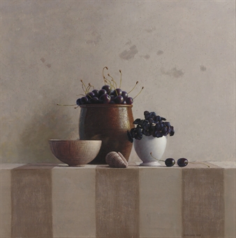 A still life with cherries, violets and a seashell 