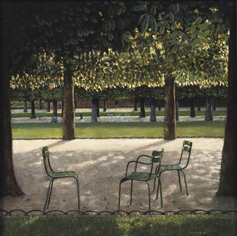 Chestnutpark with green chairs 