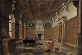 An interior with an elegant company playing backgammon