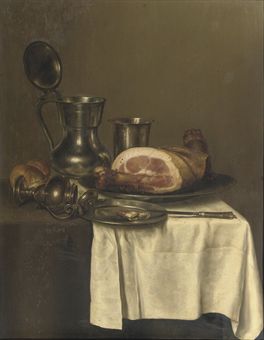 A pewter jug, a silver cup, a ham on a silver plate, a knife on a pewter plate and a roll of bread, all on a partially draped wooden table