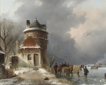 A winter landscape with a horse-drawn sleigh