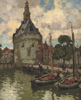 Moored sailing vessels near the Hoofdtoren, Hoorn