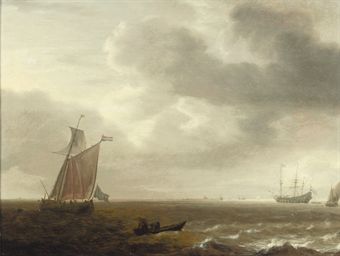 A 'wijdschip' weighing anchor, fishermen drawing in their nets in the foreground, a three-master and other shipping beyond