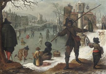 Skaters on a frozen waterway in a town 