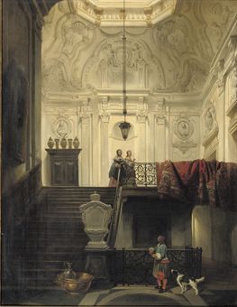 Elegant figures in interior of Huis Schuylenburch, The Hague 