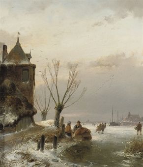 Figures skating on a frozen waterway near a mansion